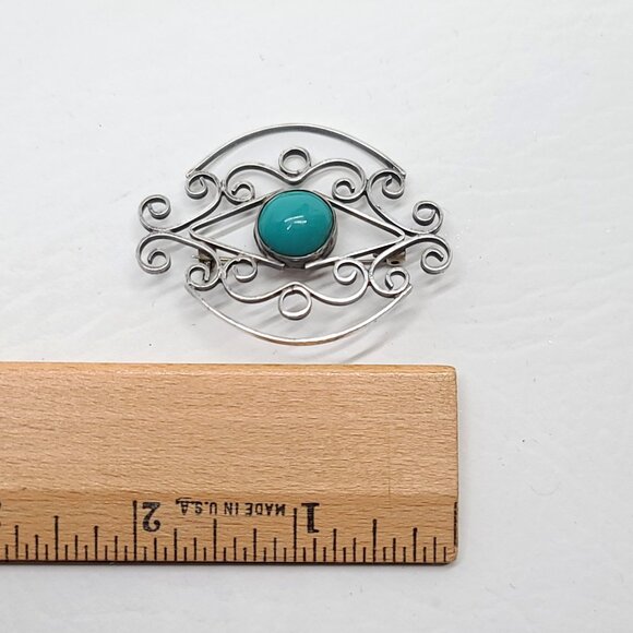Taxco Mexico Sterling Silver 925 Filigree Eye Brooch Pin Blue Turquoise Cabochon - Picture 8 of 8
